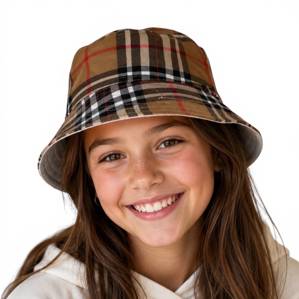 Handmade‎ Kids Tan Plaid Bucket Hat Iconic Check Pattern Designer Style Hat 20"